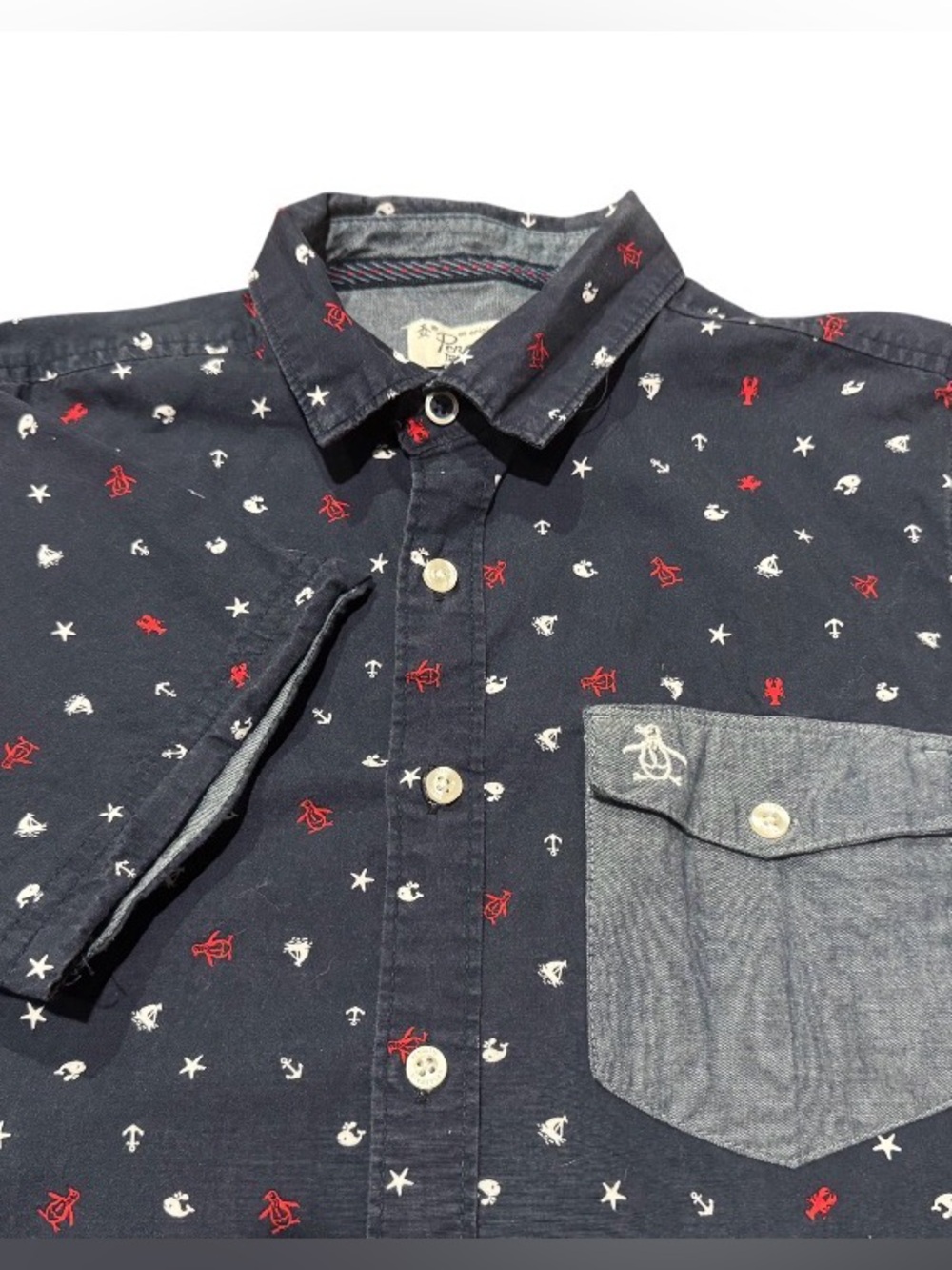 Original Penguin Shirt Boys Size 14/16 Large Blue Button Up Short Sleeve Kids